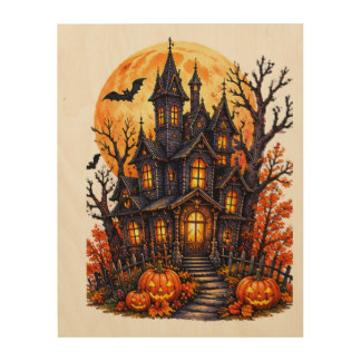 Haunted Castle Halloween Full Moon Wood Wall Art
