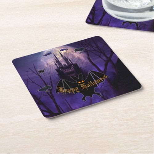 Haunted Castle Halloween Square Paper Coaster