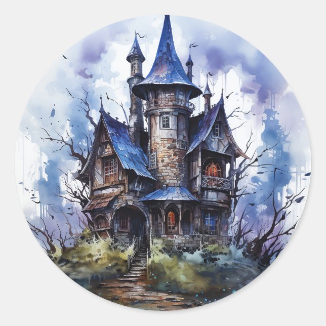 Haunted castle Halloween theme Classic Round Sticker (Front)