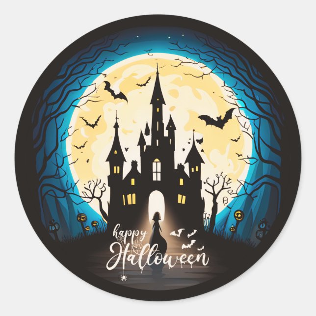 Haunted Castle Happy Halloween Creepy Classic Round Sticker (Front)
