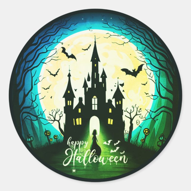 Haunted Castle Happy Halloween Creepy Classic Round Sticker (Front)