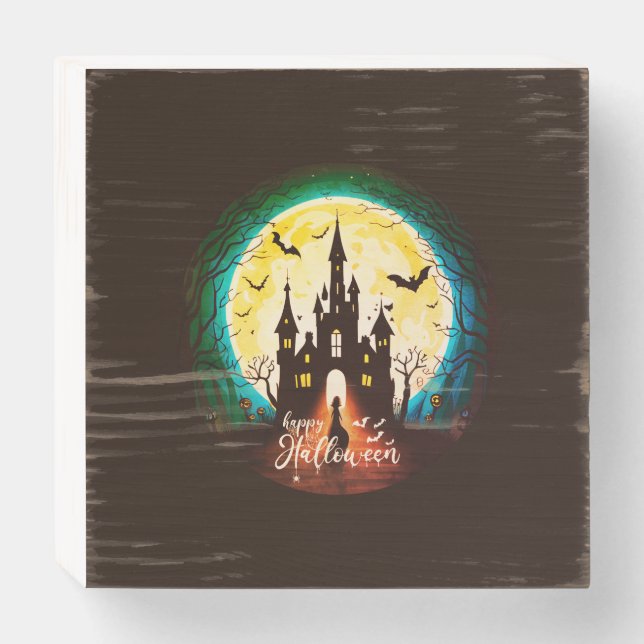Haunted Castle Happy Halloween Creepy Wooden Box Sign (Front Horizontal)