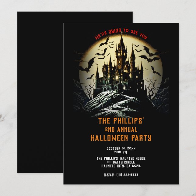Haunted Castle on Cemetery Hill Halloween Party Invitation (Front/Back)