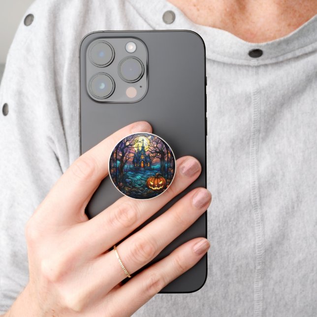 Haunted Castle Under Moonlight Stained Glass  PopSocket (Hand)