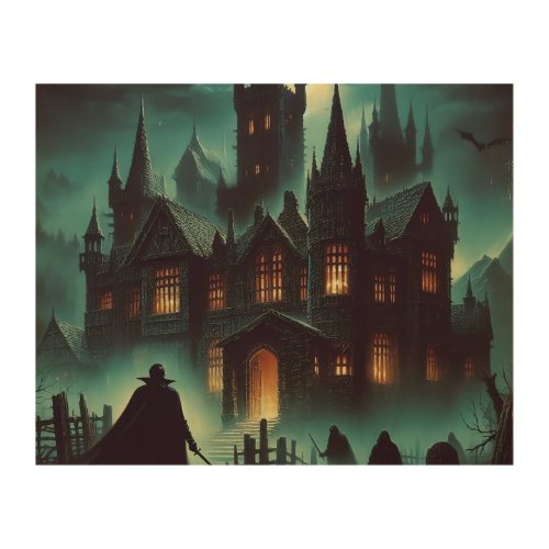 haunted castle with a dark knight in front of it  wood wall art