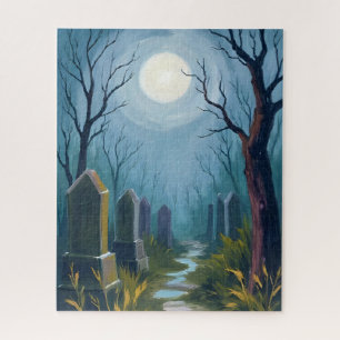 Haunted Cemetery   Halloween Spooky Painting Jigsaw Puzzle
