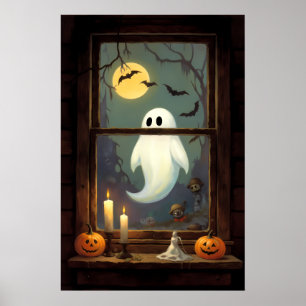 Haunted Cottage Gaze – Ghostly Window Scene Poster
