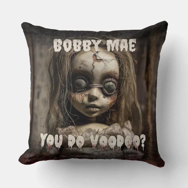 Haunted Doll 80s Horror Movie Demon Possessed Throw Pillow (Front)
