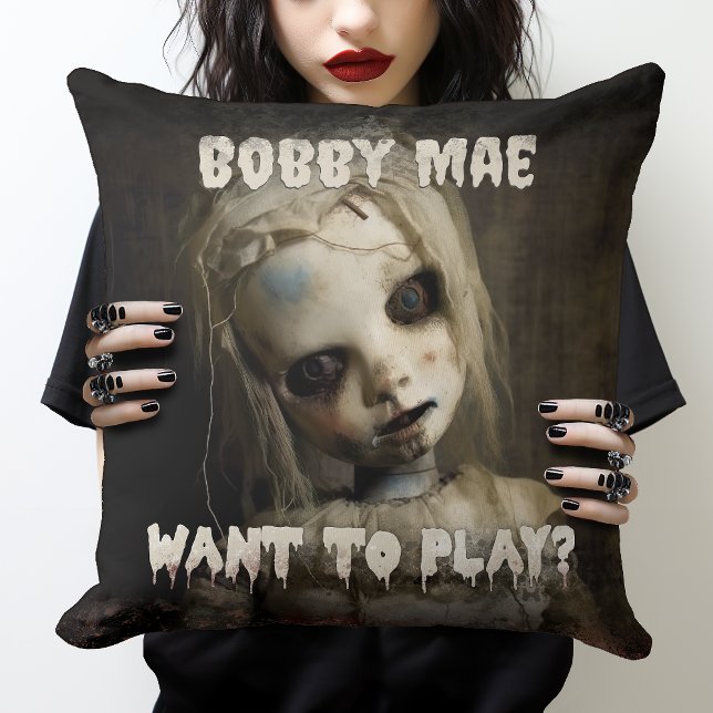 Haunted Doll 80s Horror Movie Demon Possessed Throw Pillow (Get creeped out with a haunted doll cushion. Love 80s Possessed Doll Horror Movies? This is the one.)