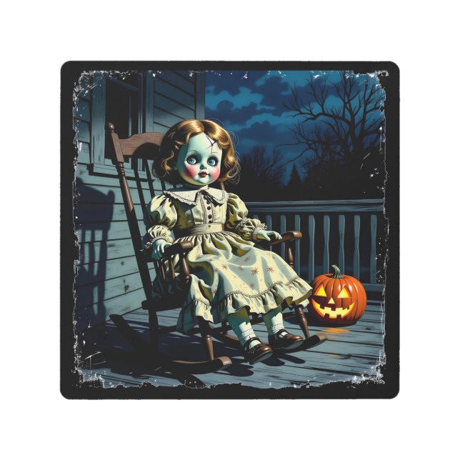 Haunted Doll and Halloween Pumpkin Metal Print (Front)