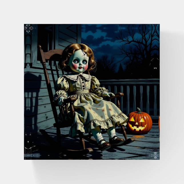 Haunted Doll and Halloween Pumpkin Paperweight (Front)