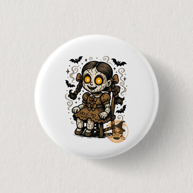 Haunted Doll – Halloween Cartoon Button (Front)