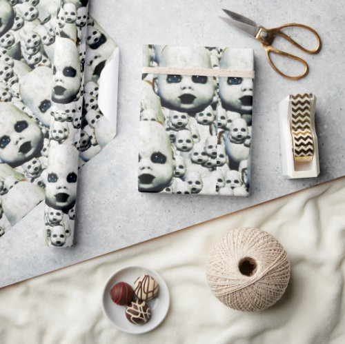 Haunted doll head art wrapping paper