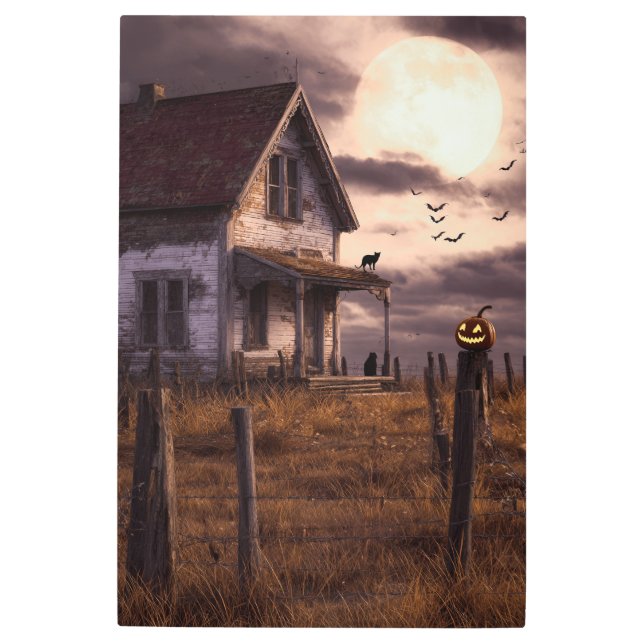 Haunted Farmhouse: Moonlit Halloween Metal Print (Front)