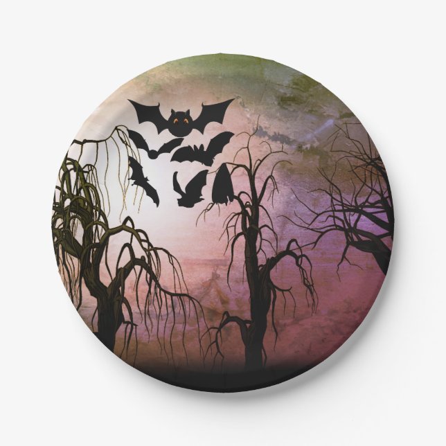 Haunted Forest with Bats Cartoon Paper Plates (Front)