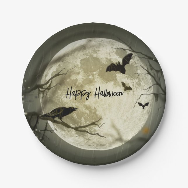 Haunted Full Moon Halloween Party Paper Plates (Front)