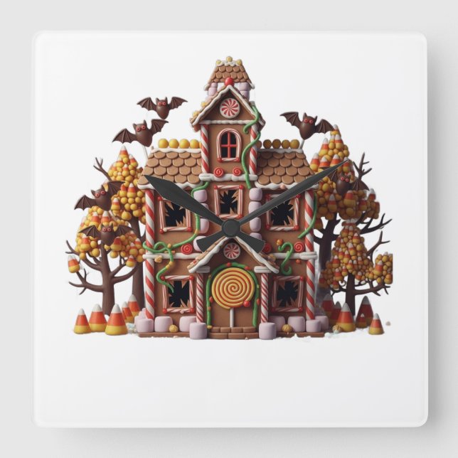 Haunted Gingerbread House Square Wall Clock (Front)