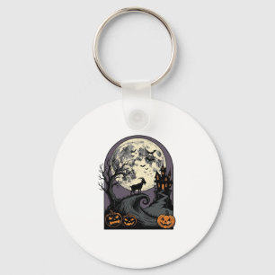 Haunted Goat Moon Vintage Halloween Silhouette Art Keychain