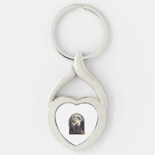 Haunted Goat Moon Vintage Halloween Silhouette Art Keychain