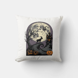 Haunted Goat Moon Vintage Halloween Silhouette Art Throw Pillow