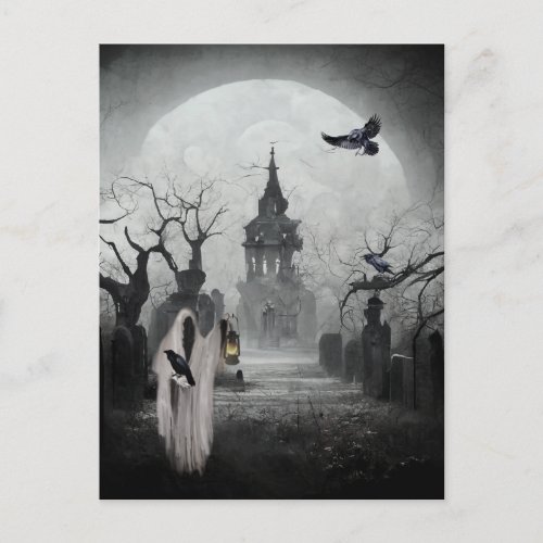 Haunted Graveyard and Gate Keeper Scary Halloween Holiday Postcard