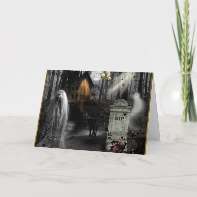 Haunted Graveyard Ghost Tombstone Halloween Card (Front)