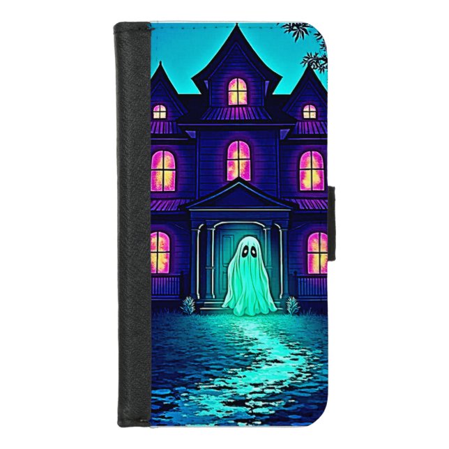 Haunted Halloween Ghost House Design iPhone Wallet Case (Front)