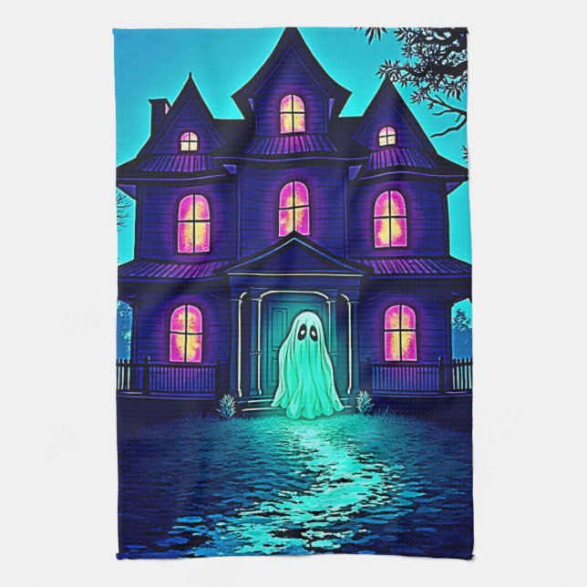 Haunted Halloween Ghost House Design Kitchen Towel (Vertical)