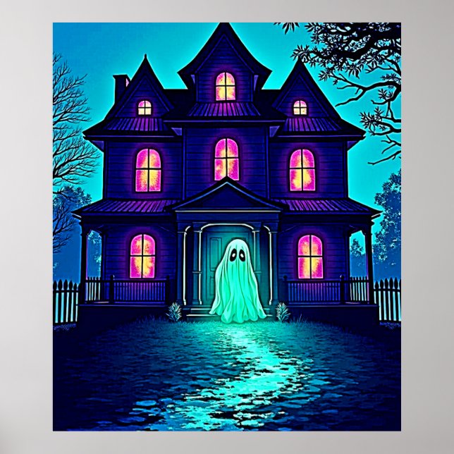 Haunted Halloween Ghost House Design Poster (Front)