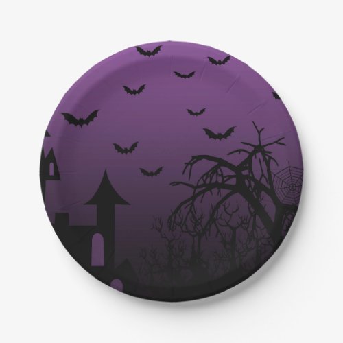 Haunted Halloween House Bats Trees Paper Plates