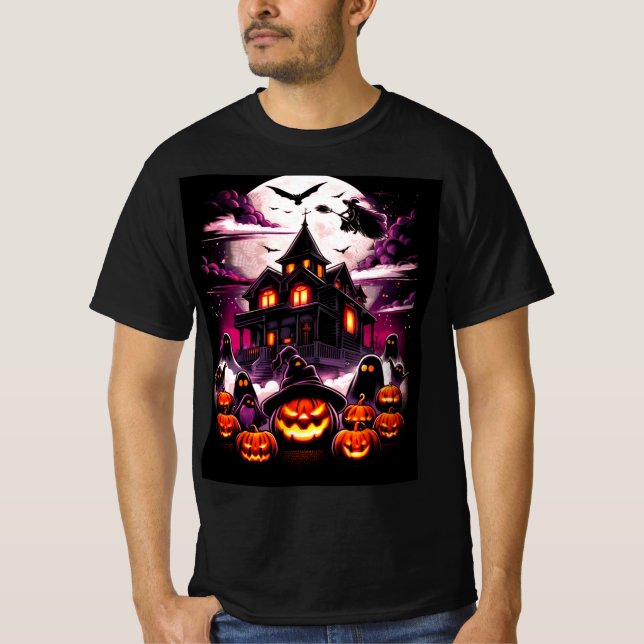 Haunted Halloween House T-Shirt – Witch, Ghosts  (Front)
