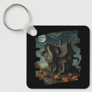 Haunted Halloween House with Pumpkins & Full Moon Keychain