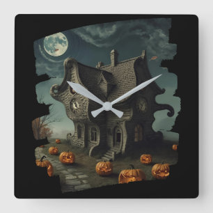 Haunted Halloween House with Pumpkins & Full Moon Square Wall Clock