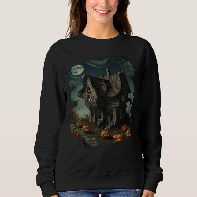 Haunted Halloween House with Pumpkins & Full Moon Sweatshirt (Front)