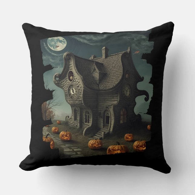 Haunted Halloween House with Pumpkins & Full Moon Throw Pillow (Front)