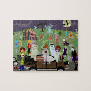 Haunted Halloween illustrated Graveyard Party Jigsaw Puzzle