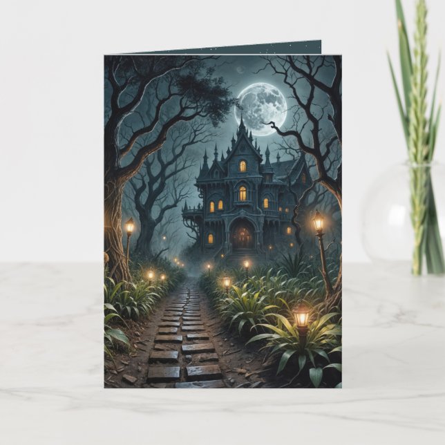Haunted Halloween Mansion In Moonlight Card (Front)