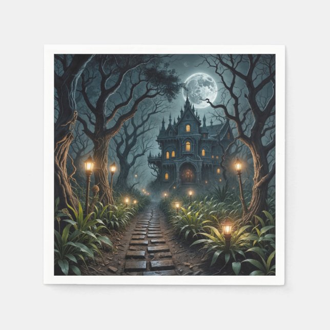 Haunted Halloween Mansion In Moonlight Napkins (Front)