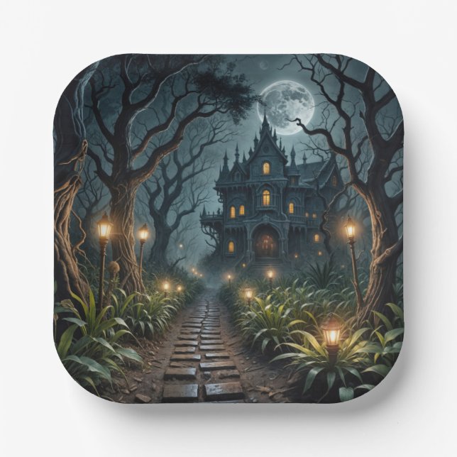 Haunted Halloween Mansion In Moonlight Paper Plates (Front)