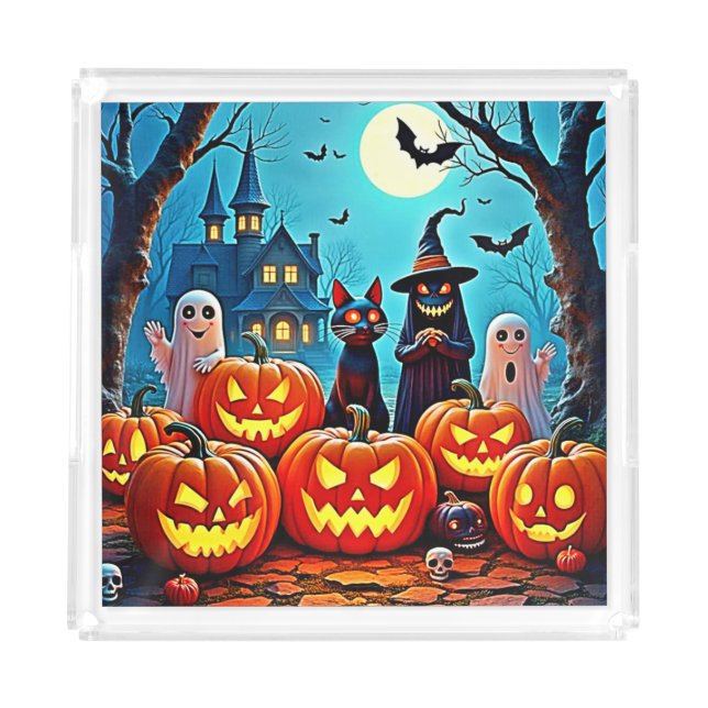 Haunted Halloween Night Design Acrylic Tray (Front)