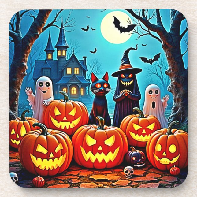 Haunted Halloween Night Design Beverage Coaster (Front)