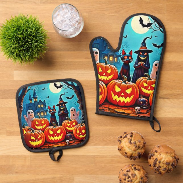 Haunted Halloween Night Design Oven Mitt & Pot Holder Set (Top Down)