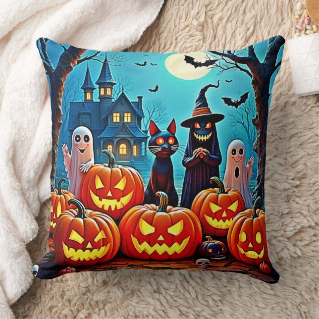 Haunted Halloween Night Design Throw Pillow (Blanket)