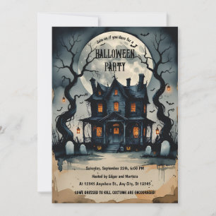 Haunted Halloween Night, Full Moon, Scary Invitation