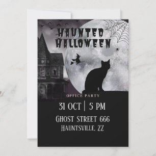 Haunted Halloween Office Party Black Cat Invitation