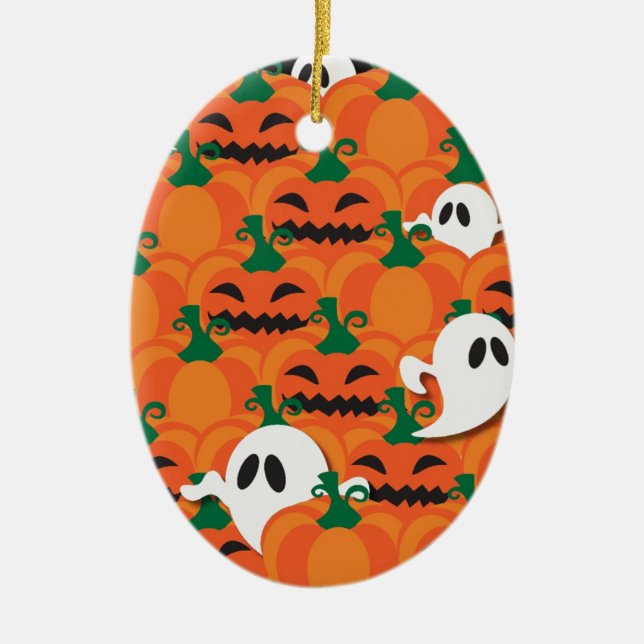 Haunted Halloween Pumpkin Patch Ghosts Ceramic Ornament (Front)