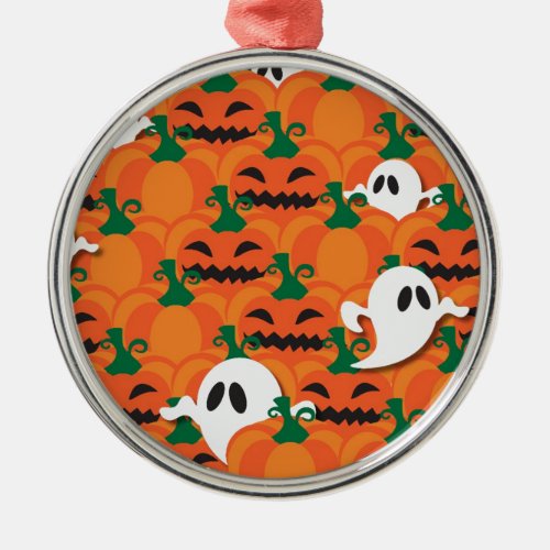Haunted Halloween Pumpkin Patch Ghosts Metal Ornament