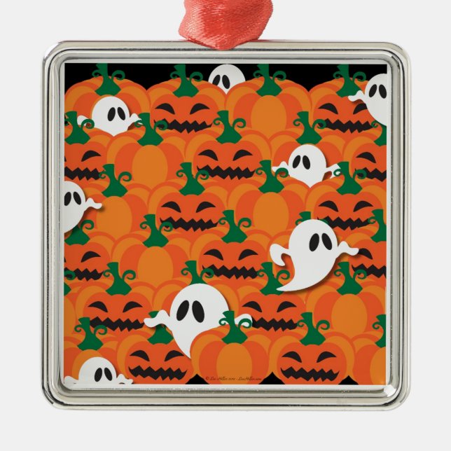 Haunted Halloween Pumpkin Patch Ghosts Metal Ornament (Front)