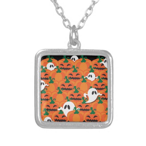 Haunted Halloween Pumpkin Patch Ghosts Silver Plated Necklace