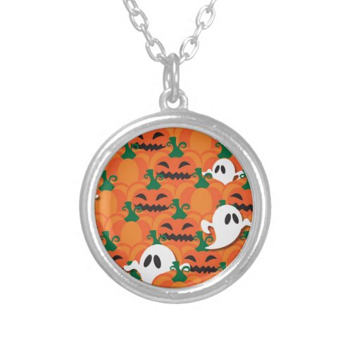 Haunted Halloween Pumpkin Patch Ghosts Silver Plated Necklace